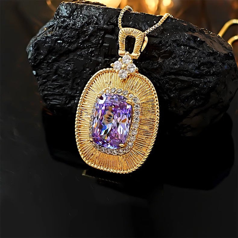 Italian Palace Style Textured Carved Gold Brushed Color Treasure Necklace Inlaid With High Carbon Diamond Blue Crystal Bird'S Nest Cut Pendant For Women - Image 1